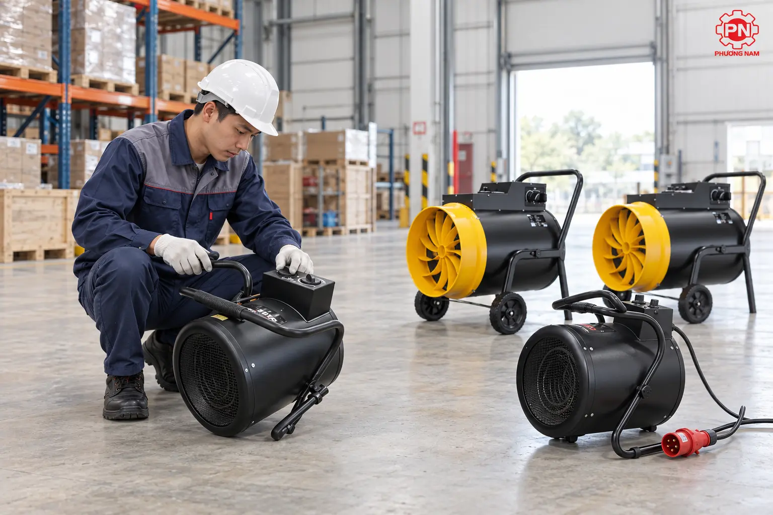 Kỹ thuật viên kiểm tra quạt sấy gió nóng công nghiệp trước khi vận hành