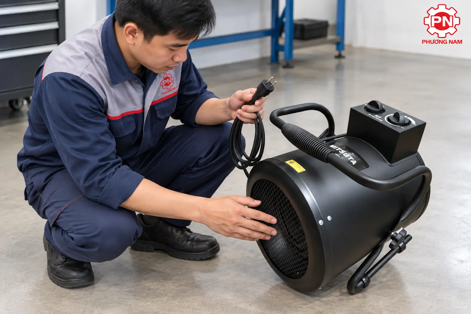 Kỹ thuật viên kiểm tra dây điện và cửa thổi gió của quạt sấy gió nóng trước khi sử dụng