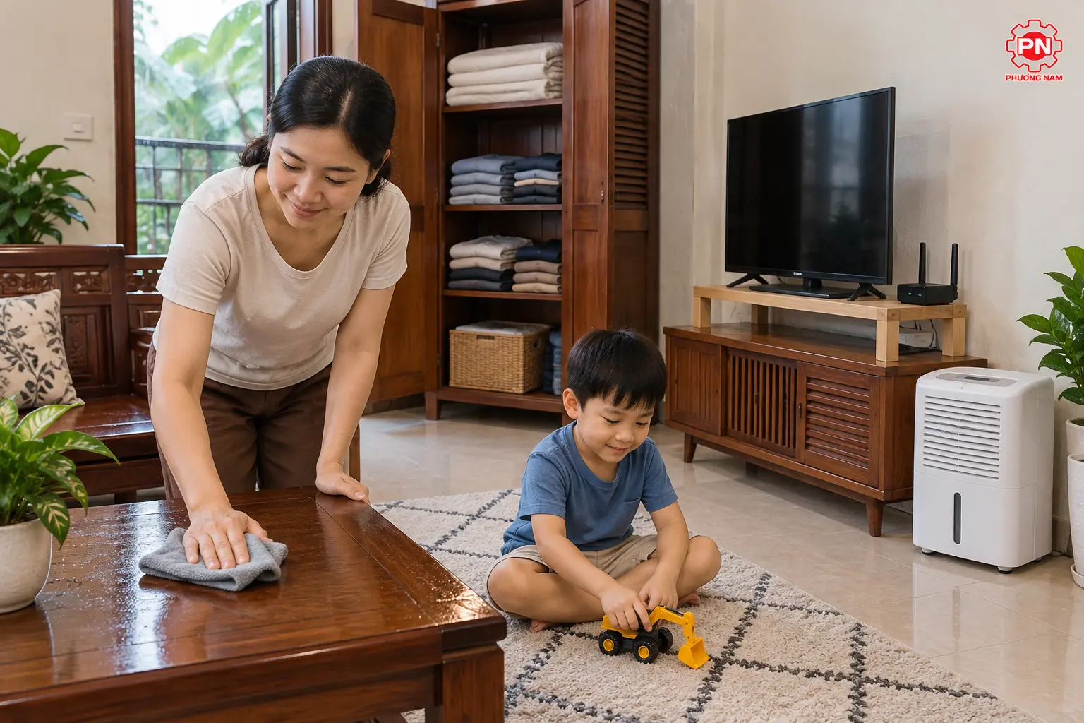 Không khí ẩm ngưng tụ trên cửa kính và nền nhà