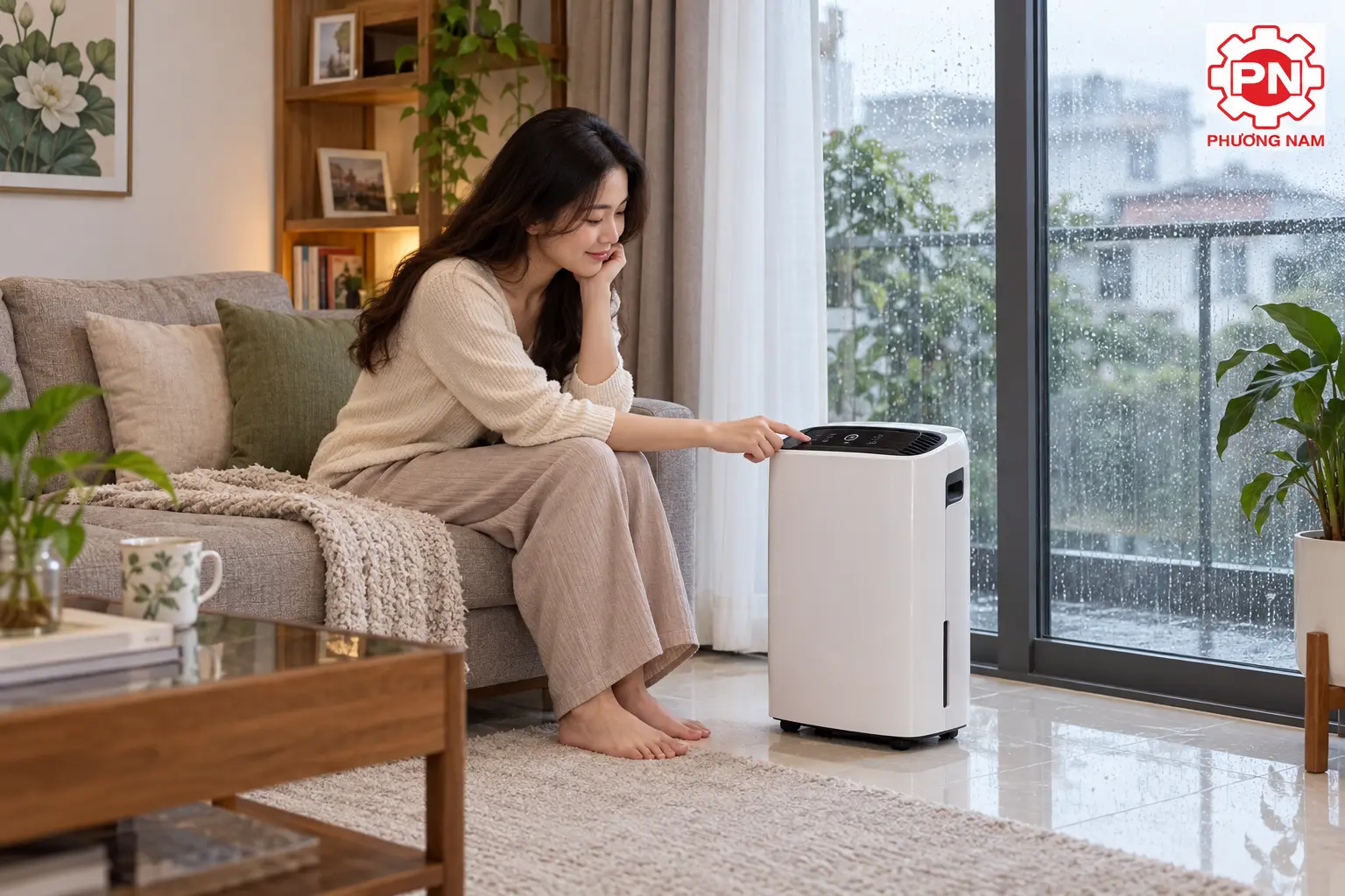 Máy hút ẩm gia đình hoạt động trong phòng khách vào ngày trời nồm ẩm