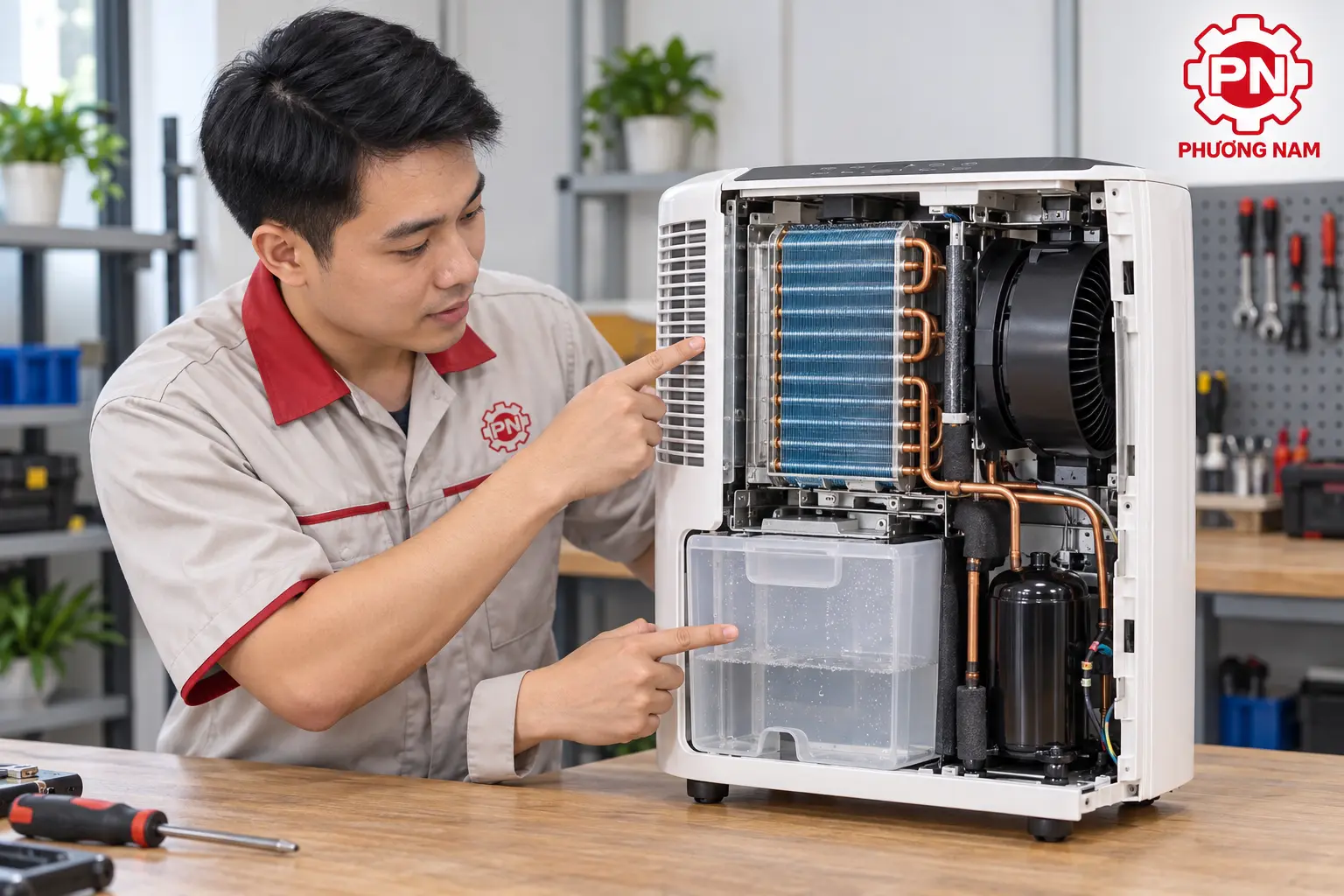 Cấu tạo bên trong minh họa nguyên lý hoạt động của máy hút ẩm ngưng tụ