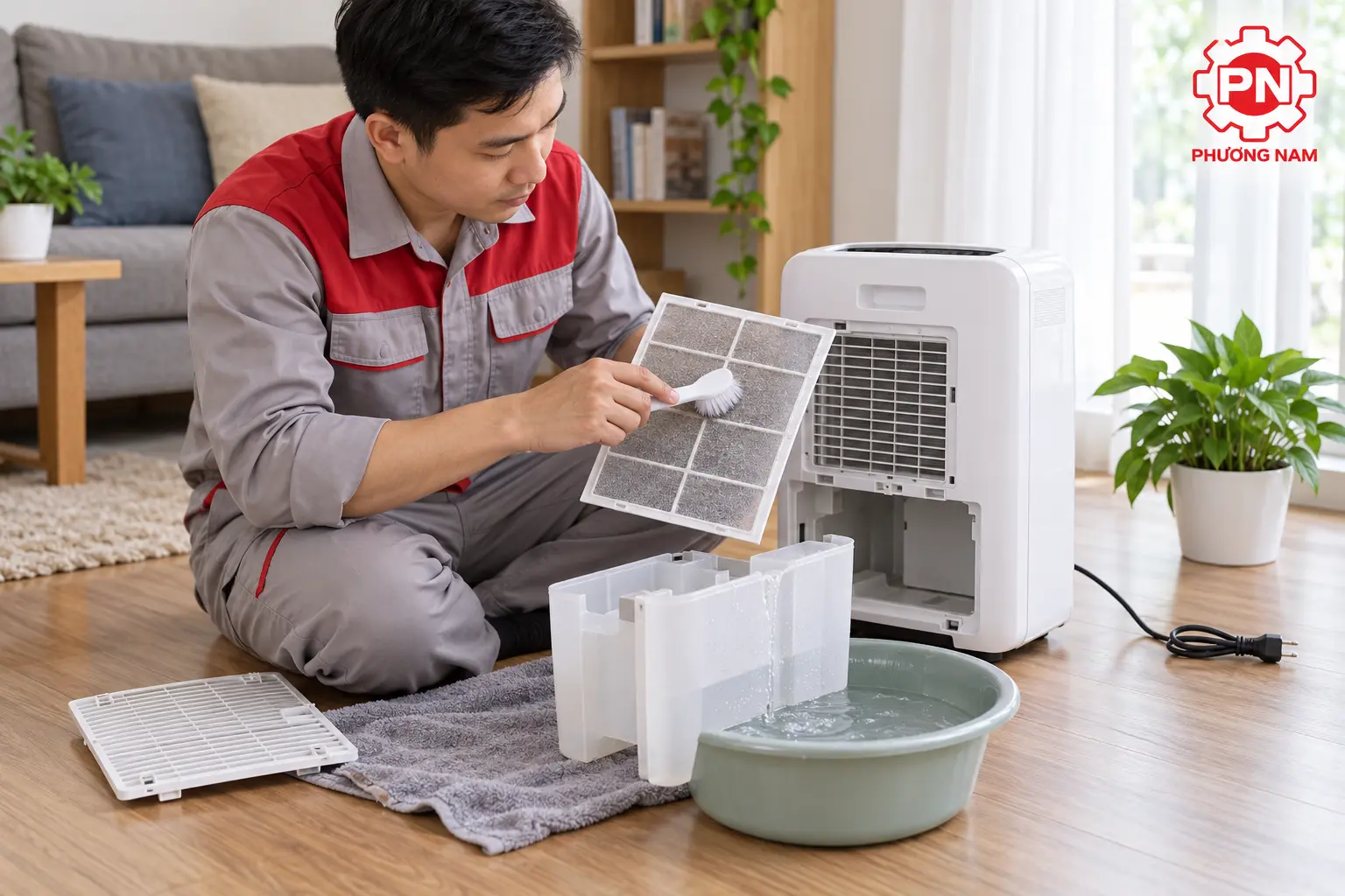 Vệ sinh bộ lọc và bình chứa nước của máy hút ẩm sau khi ngắt điện