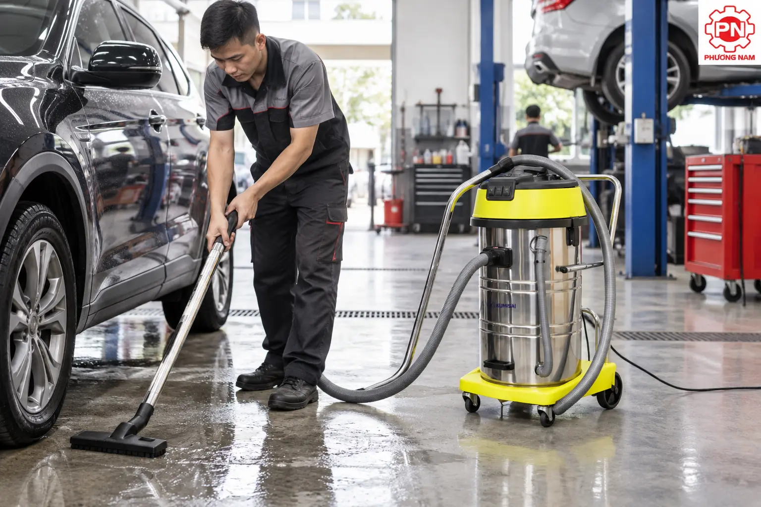 Máy hút bụi Kumisai KMS 803J hút nước tại garage