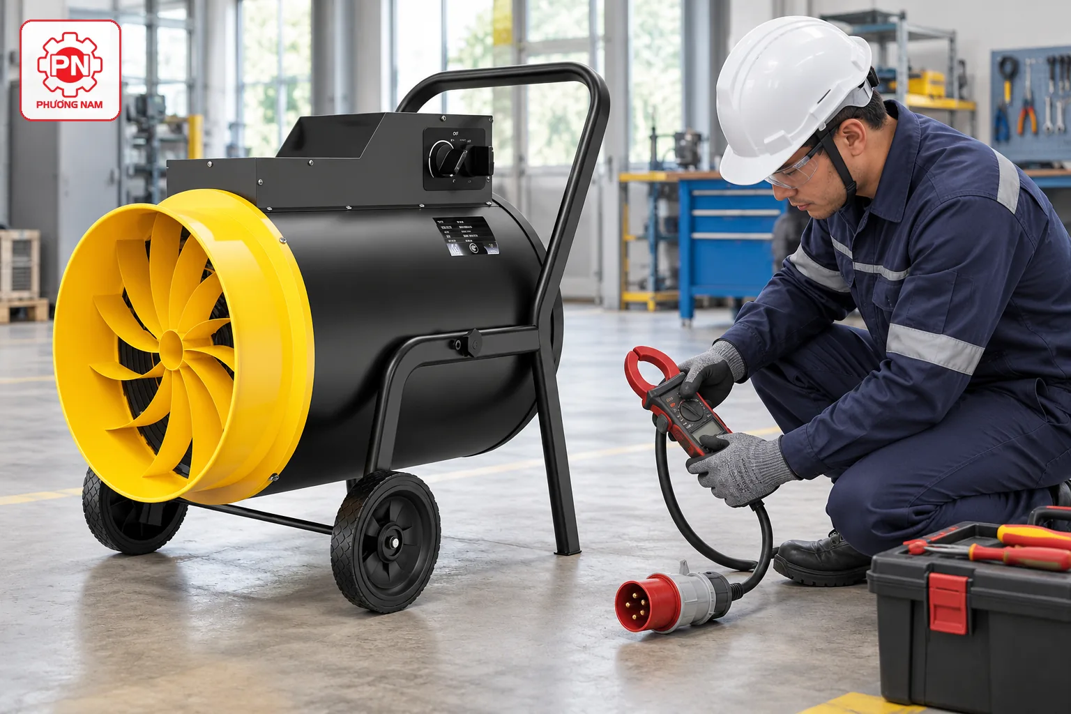 Kỹ thuật viên kiểm tra hệ thống điện của quạt sấy Mitsuta EC30