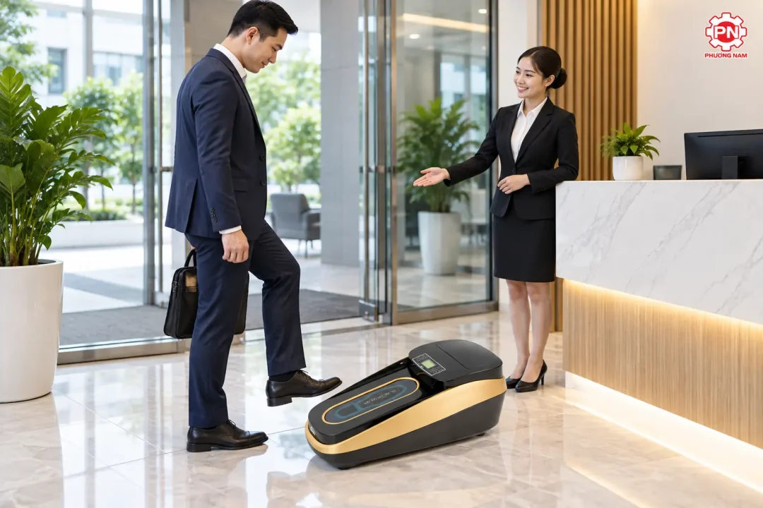 Máy bọc giày tự động Quen XT-46C tại lối vào văn phòng