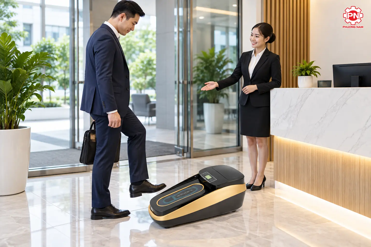 Máy bọc giày tự động Quen XT-46C tại lối vào văn phòng