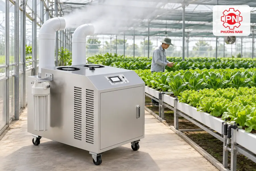 Máy tạo ẩm công nghiệp Mitsuta kết nối ống dẫn sương để kiểm soát độ ẩm trong nhà kính.