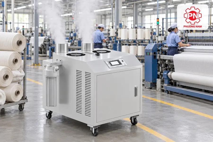 Máy tạo ẩm công nghiệp Mitsuta phân phối sương mịn trong khu vực sản xuất dệt may.