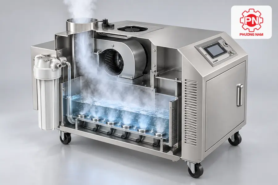 Hình cắt lớp minh họa nước được bộ tạo siêu âm chuyển thành sương và quạt đưa ra cửa thoát