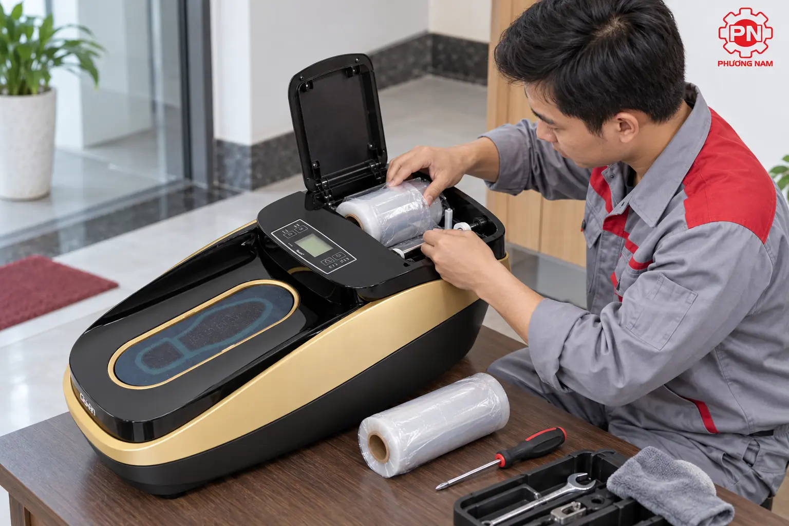 Kỹ thuật viên thay cuộn màng cho máy bọc giày Quen XT-46C