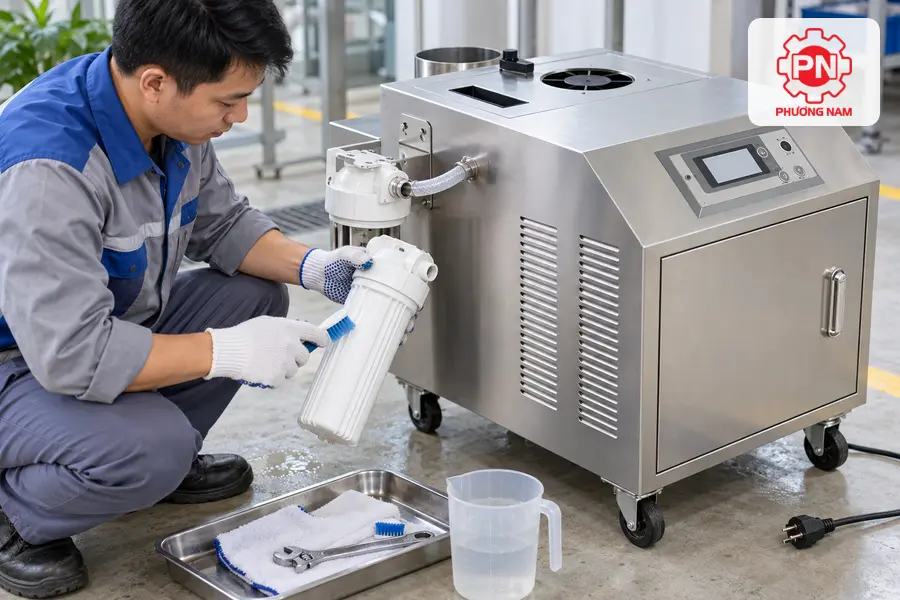 Kỹ thuật viên tháo và vệ sinh bộ lọc nước của máy tạo ẩm công nghiệp Mitsuta.