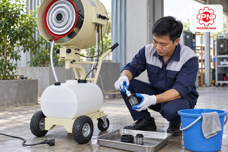 Kỹ thuật viên vệ sinh bộ lọc và kiểm tra đường nước của quạt phun sương công nghiệp.