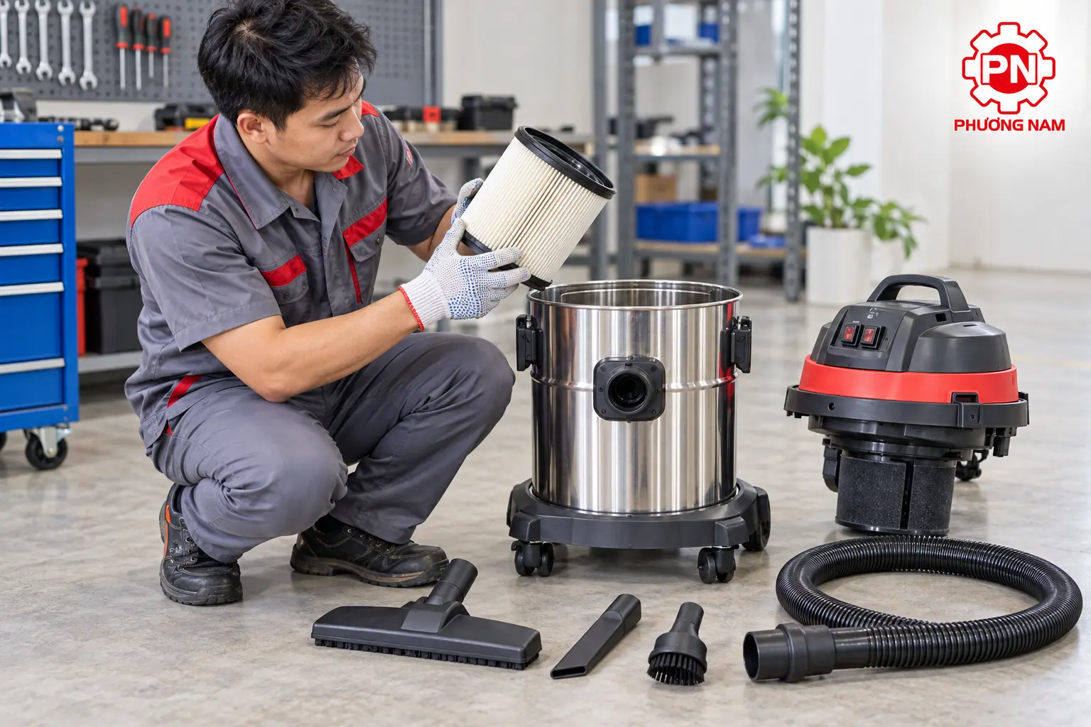 Kỹ thuật viên kiểm tra bộ lọc và phụ kiện máy hút bụi công nghiệp