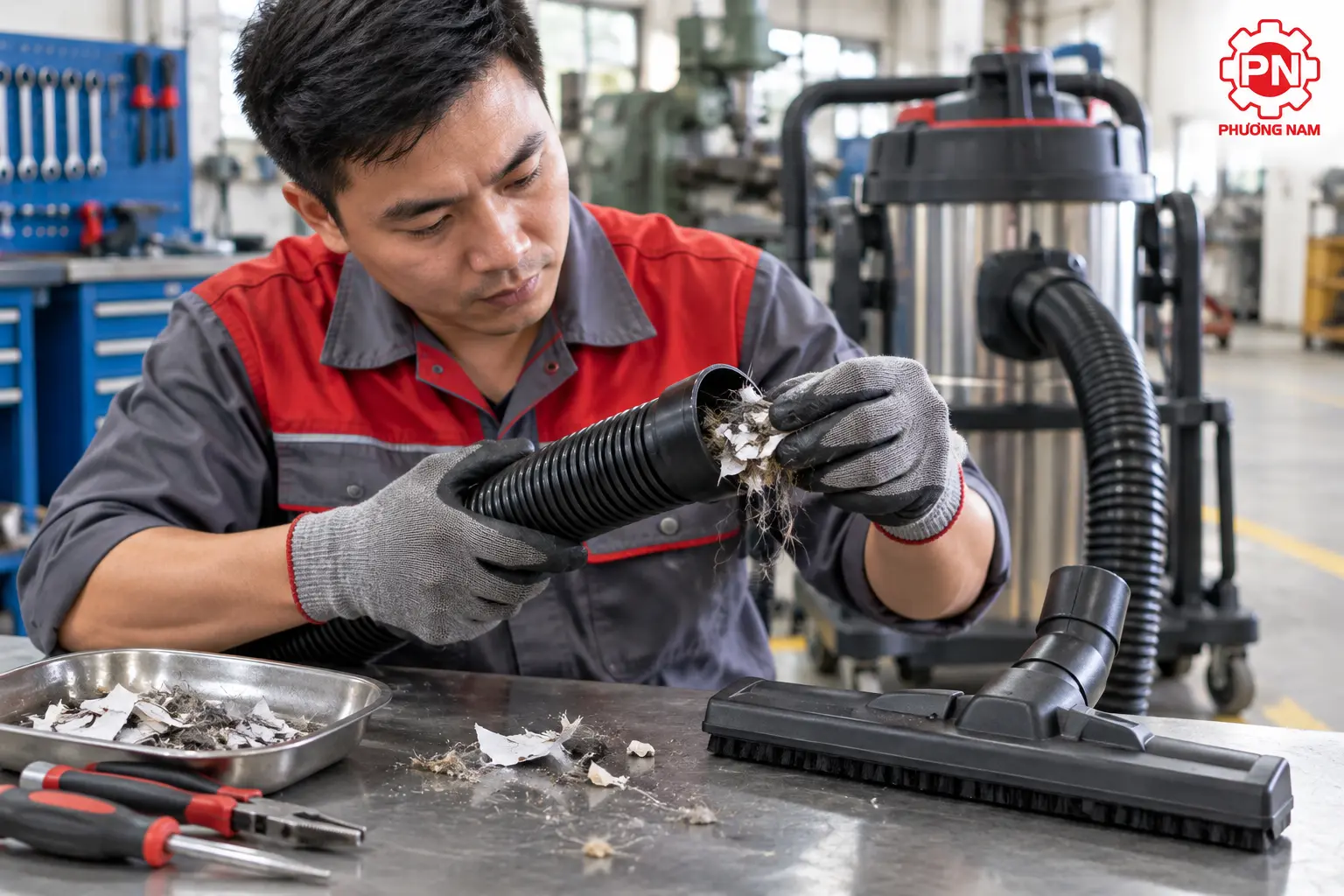 Kiểm tra và loại bỏ dị vật làm tắc ống hút bụi công nghiệp