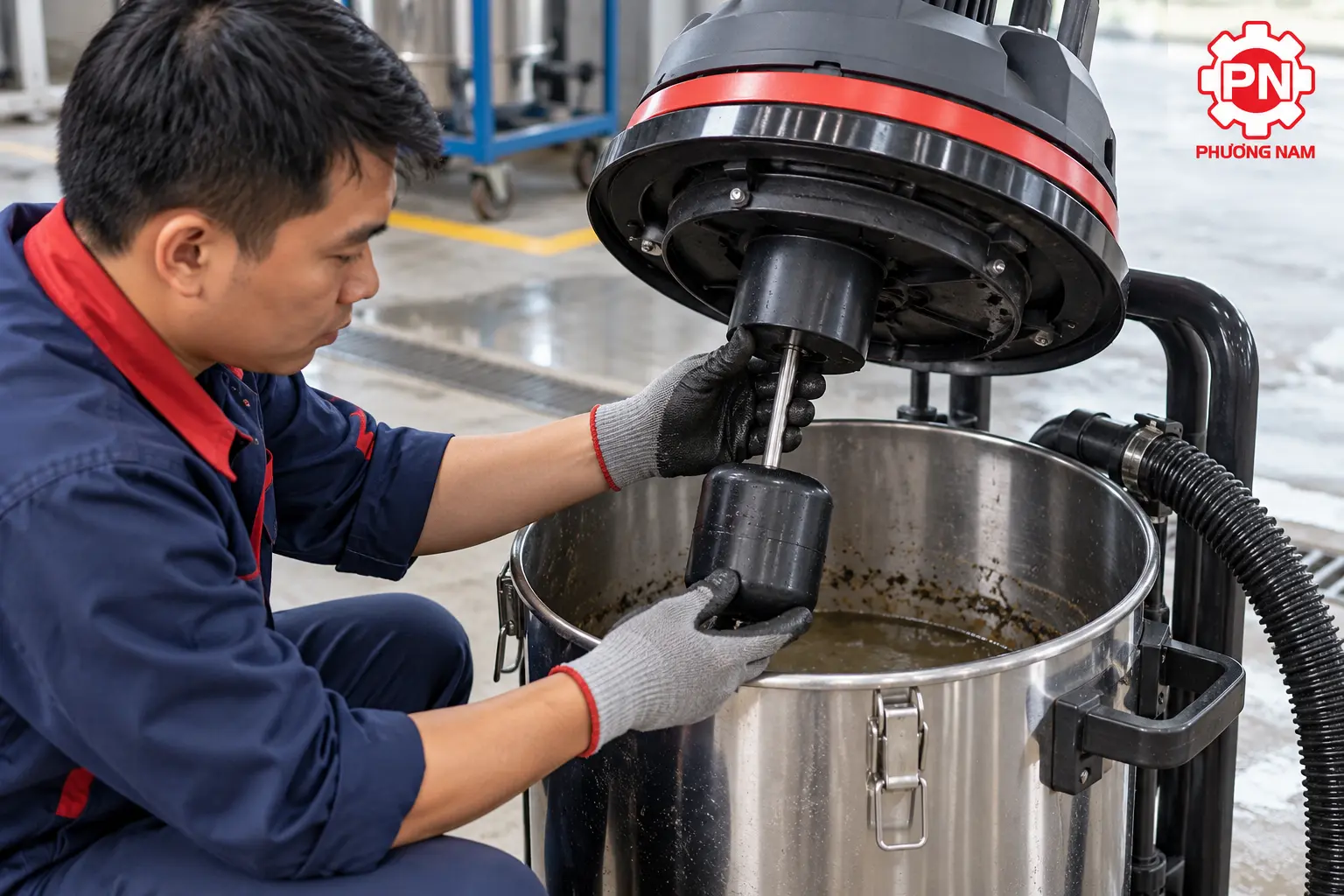 Kỹ thuật viên kiểm tra phao chống tràn của máy hút bụi công nghiệp