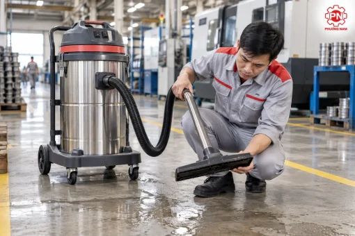 Kỹ thuật viên kiểm tra máy hút bụi công nghiệp bị yếu, không hút