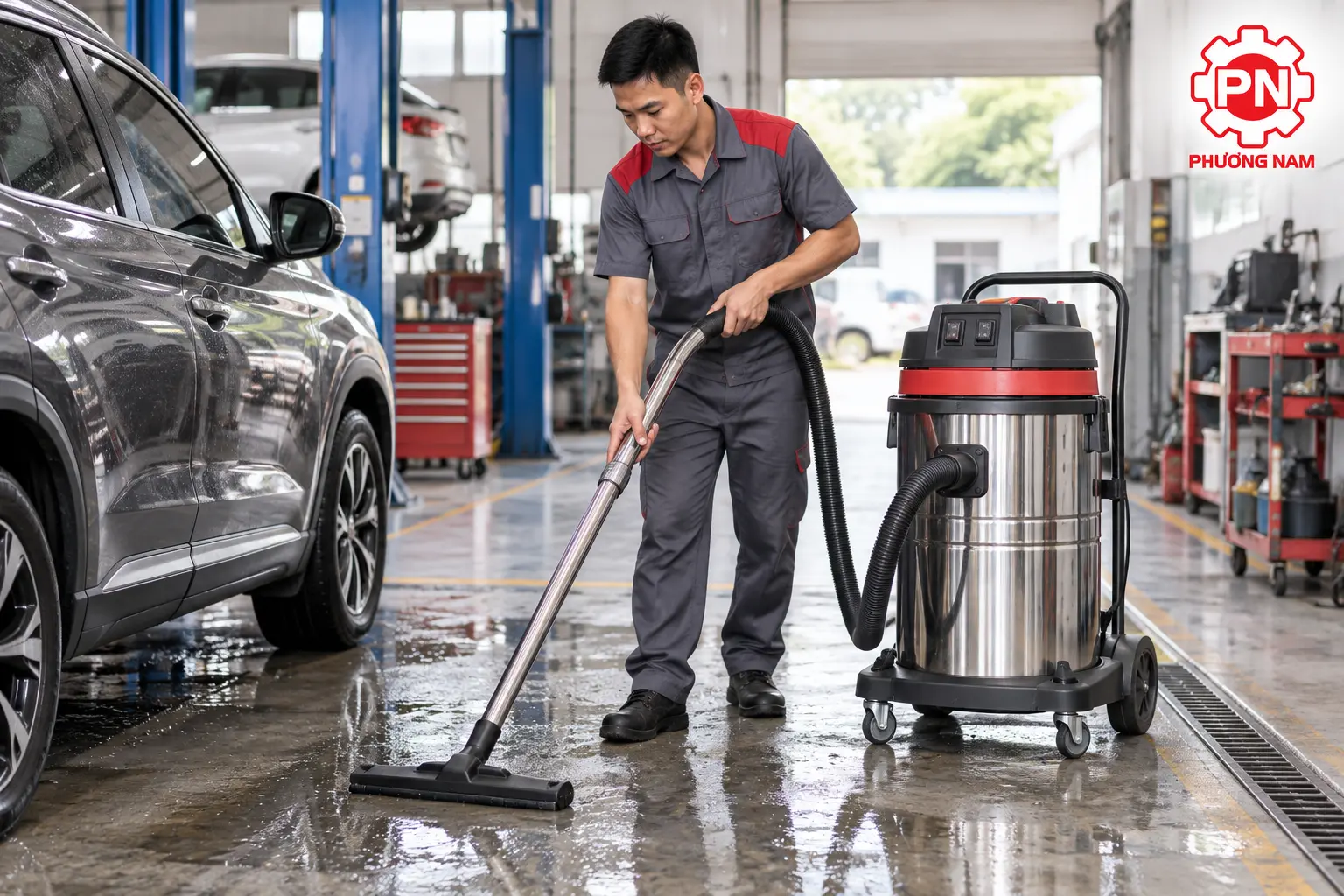 Máy hút bụi công nghiệp 2 motor hút nước tại gara ô tô