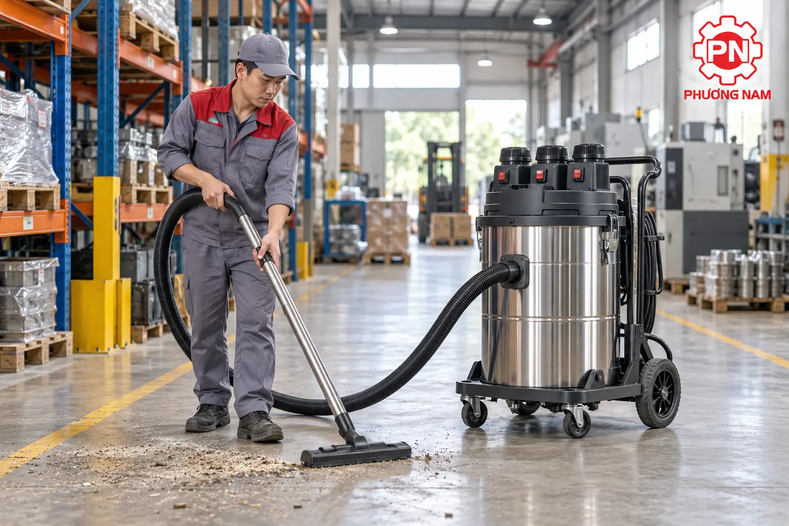Máy hút bụi công nghiệp 3 motor vệ sinh bụi trong nhà xưởng
