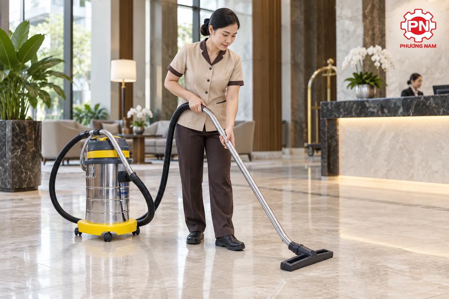 Máy hút bụi Kumisai dung tích vừa được sử dụng để vệ sinh sàn khu vực khách sạn.