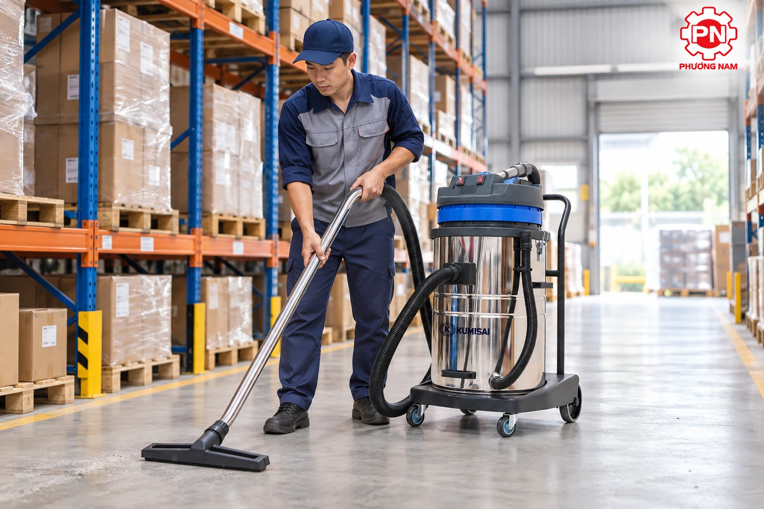 Nhân viên vận hành máy hút bụi Kumisai KMS 70A để thu gom bụi khô trong kho hàng