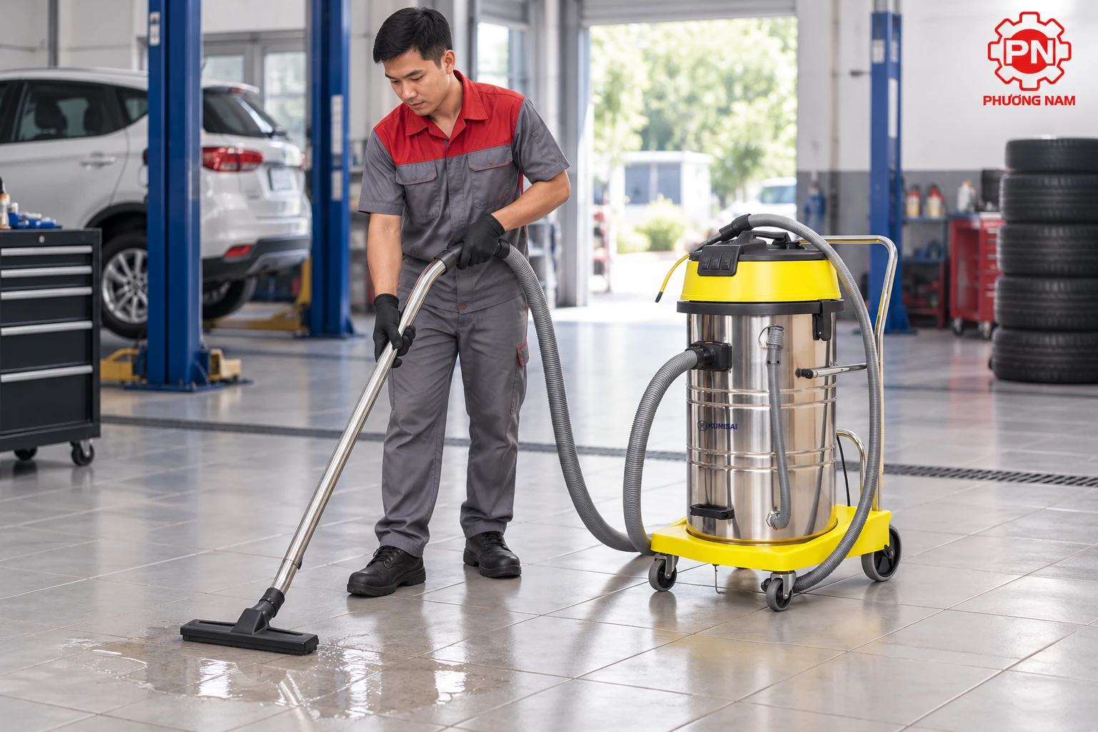 Minh họa khả năng thu gom nước bẩn của máy hút bụi khô ướt Kumisai trong gara.
