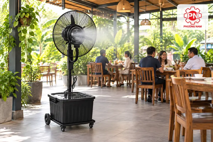 Quạt phun sương di động làm mát không gian quán ăn mở với lượng sương vừa phải.

