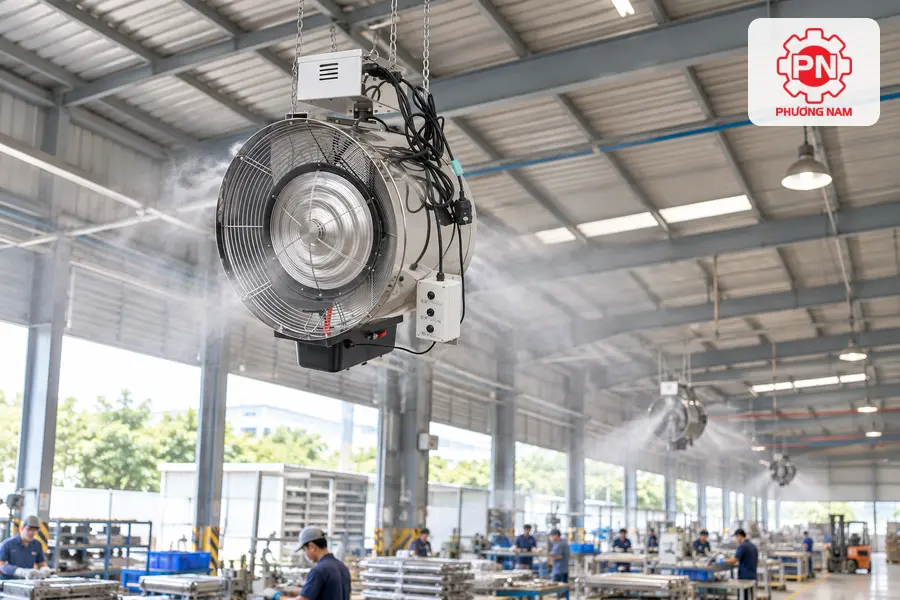 Quạt phun sương ly tâm được lắp treo chắc chắn để làm mát khu vực sản xuất rộng.