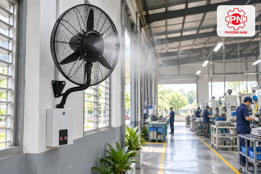 Quạt phun sương treo tường giúp tiết kiệm diện tích và đưa gió đến khu vực sản xuất.