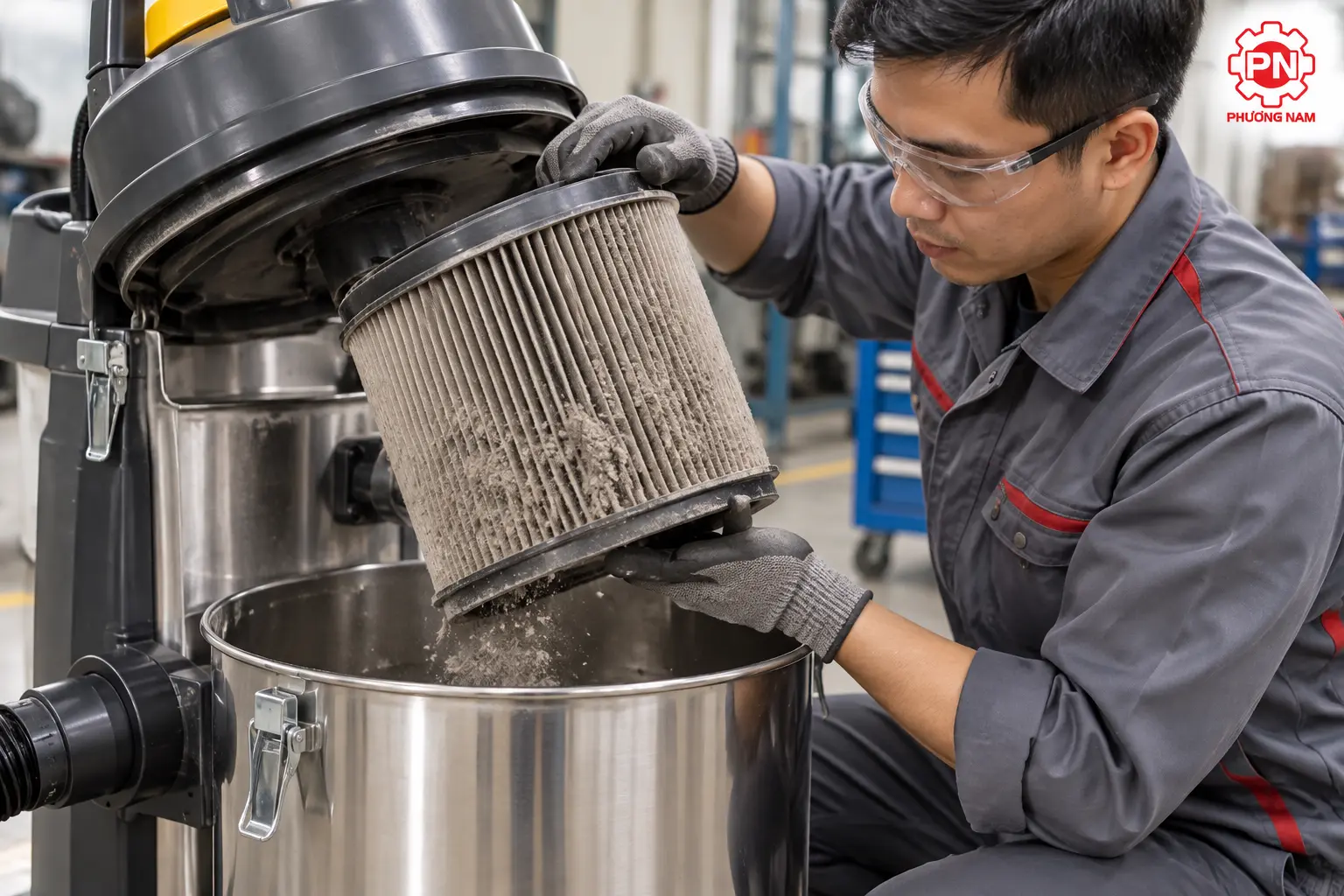 Kỹ thuật viên vệ sinh bộ lọc máy hút bụi công nghiệp bị tắc