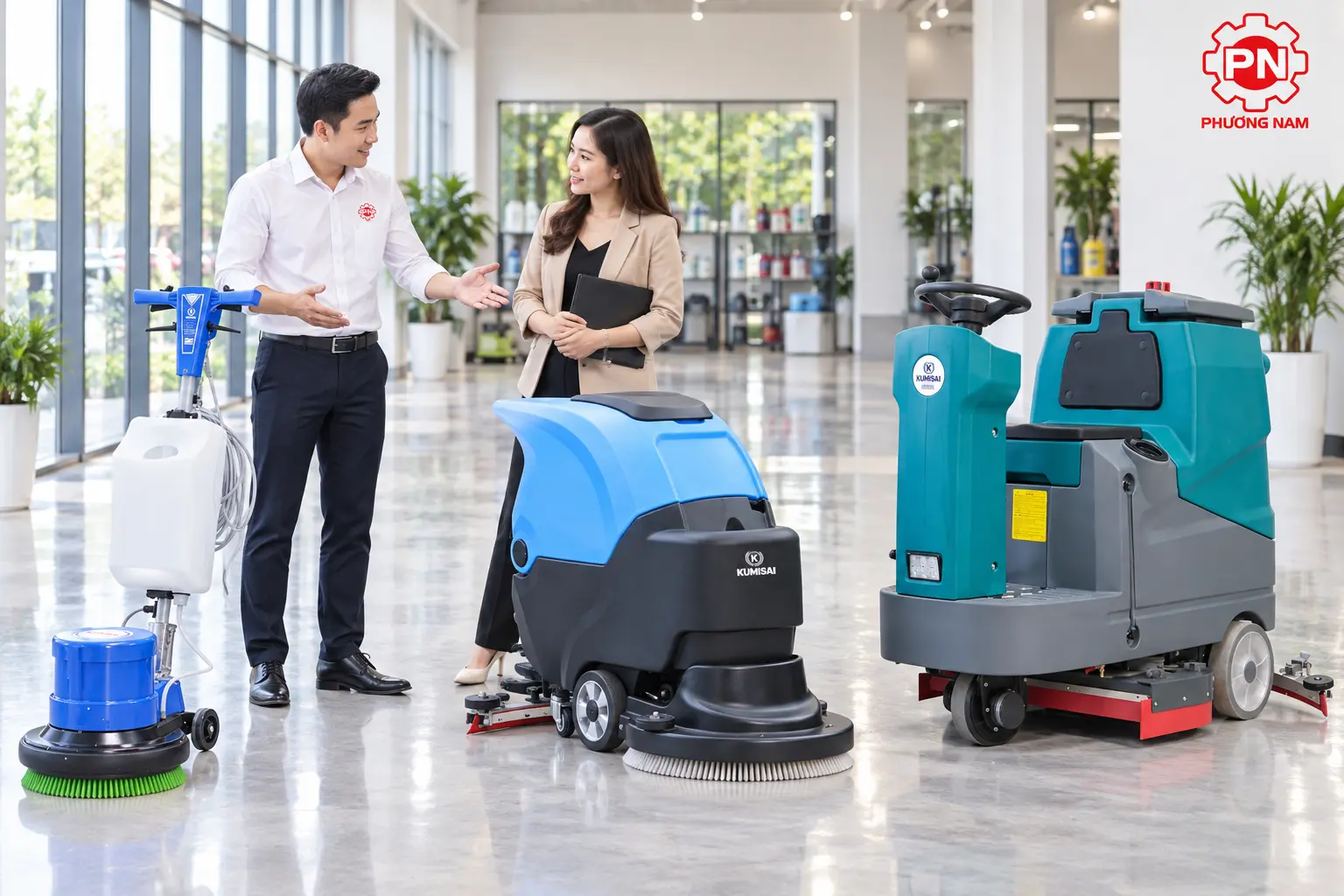 Các loại máy chà sàn công nghiệp Kumisai gồm máy đơn, liên hợp đẩy tay và ngồi lái
