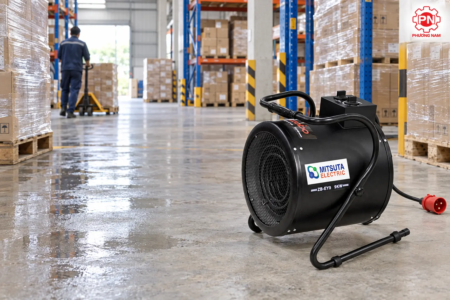 Quạt sấy gió nóng Mitsuta hỗ trợ hong khô sàn kho xưởng
