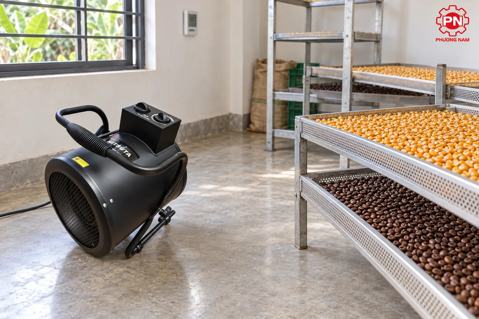 Quạt sấy gió nóng Mitsuta hỗ trợ hong nông sản trên khay