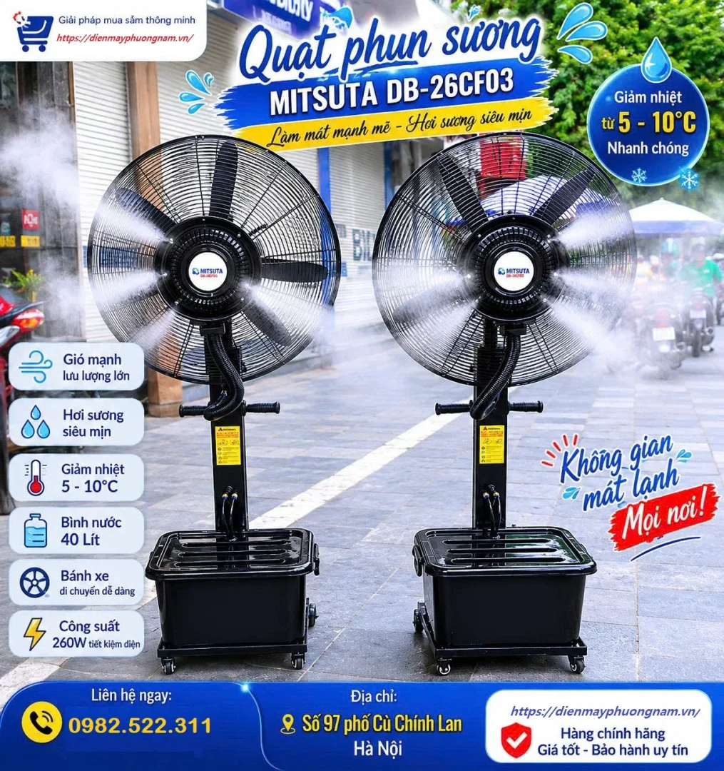 Không cần điều hòa – Quạt phun sương công nghiệp Mitsuta DB-26CF03 vẫn mát sâu cả không gian lớn!