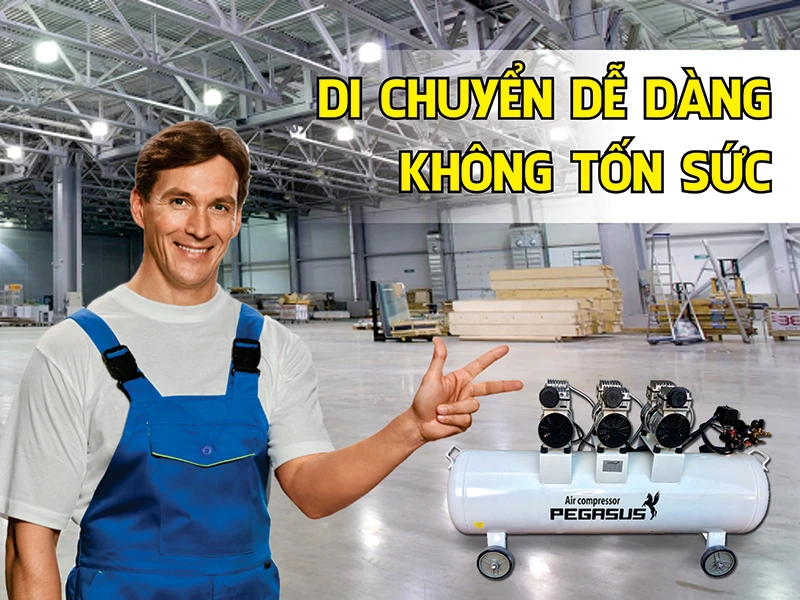 máy nén khí không dầu Pegasus TM-OF750x3-120L dễ dàng di chuyển, linh hoạt mọi nơi