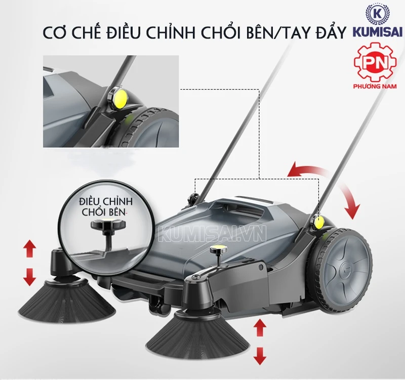 Cơ chế điều chỉnh tay đẩy và chổi bên xe quét rác đẩy tay DQC-TECH 1F
