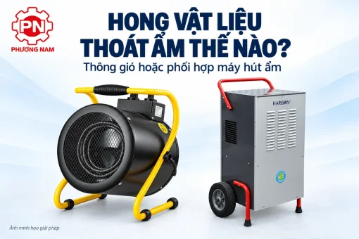 Ảnh minh họa quạt sấy Mitsuta EH-05 và máy hút ẩm Harison HD-100BM cho giải pháp xử lý ẩm khi hong vật liệu